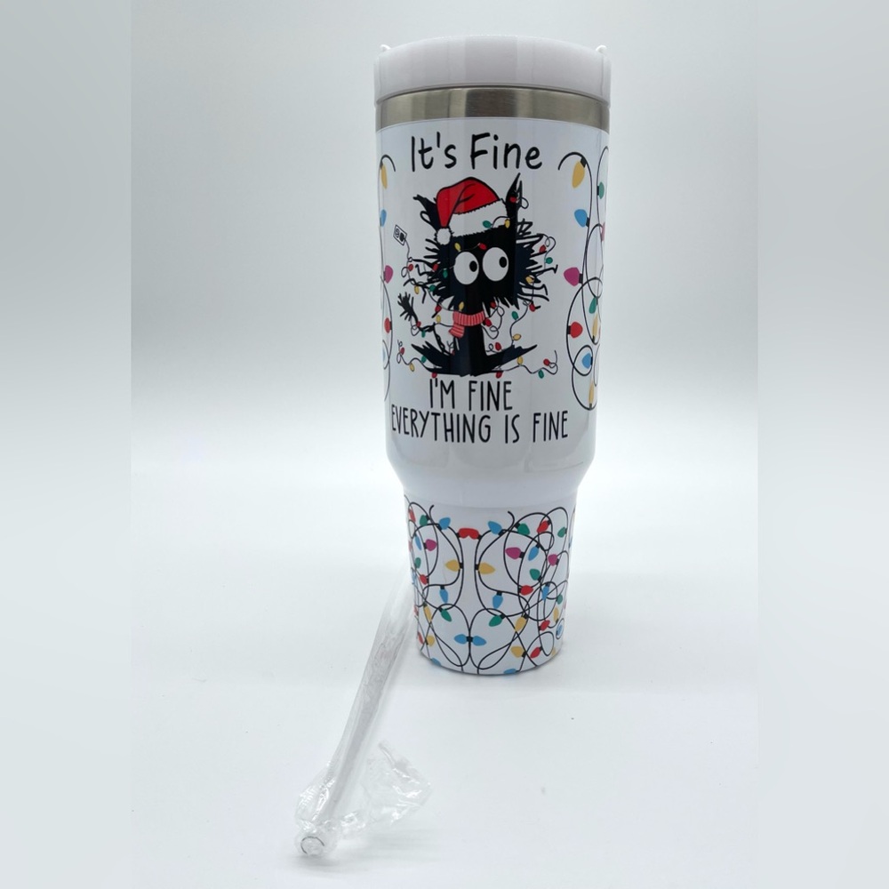 Cat Lovers Gift, Everything Is Fine I'm Fine Black Cat Cup Tumbler Christmas